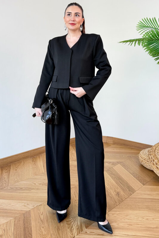 TKM-126702 Siyah Crop Vatkalı Ceket & Yüksek Bel Pantolon Takımı - 3