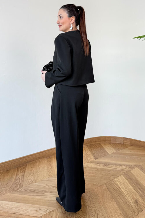 TKM-126702 Siyah Crop Vatkalı Ceket & Yüksek Bel Pantolon Takımı - 5