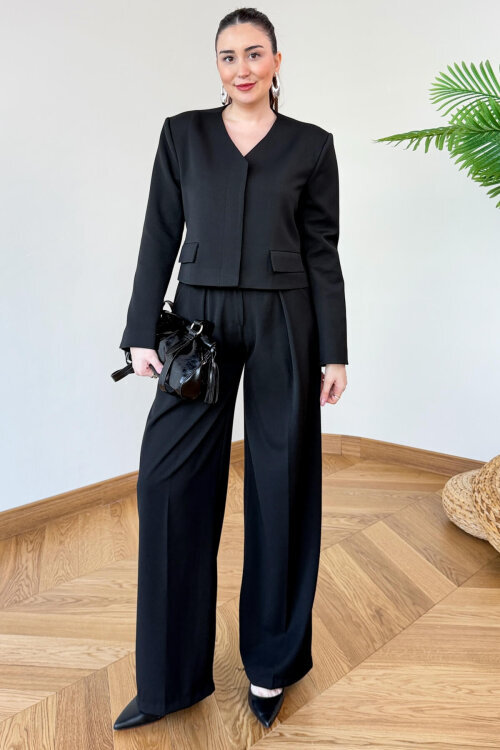 TKM-126702 Siyah Crop Vatkalı Ceket & Yüksek Bel Pantolon Takımı
