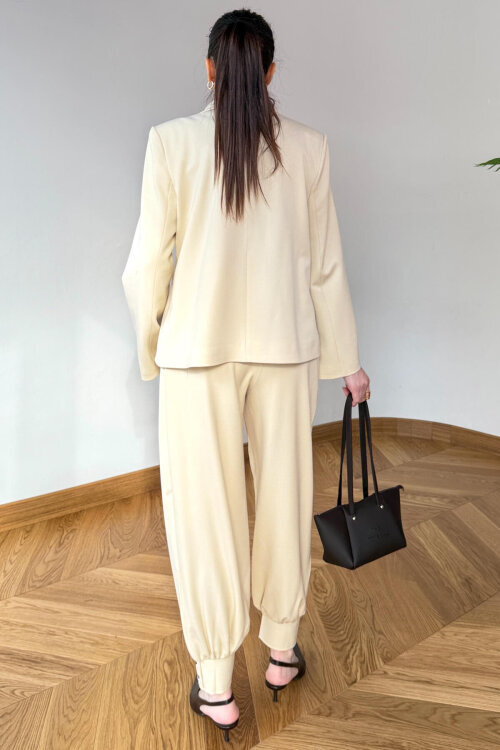 TKM-126705 Bej Kruvaze Ceket & Düğme Detaylı Şalvar Pantolon İkili Takım - 3