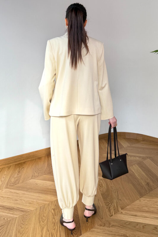 TKM-126705 Bej Kruvaze Ceket & Düğme Detaylı Şalvar Pantolon İkili Takım - 3