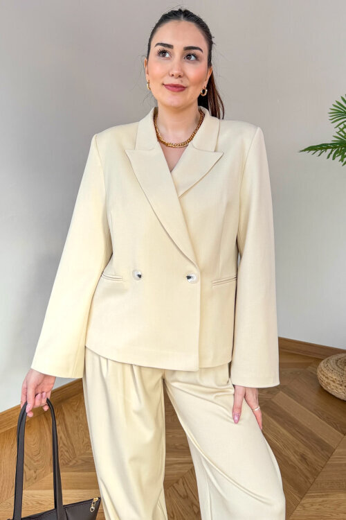 TKM-126705 Bej Kruvaze Ceket & Düğme Detaylı Şalvar Pantolon İkili Takım - 4