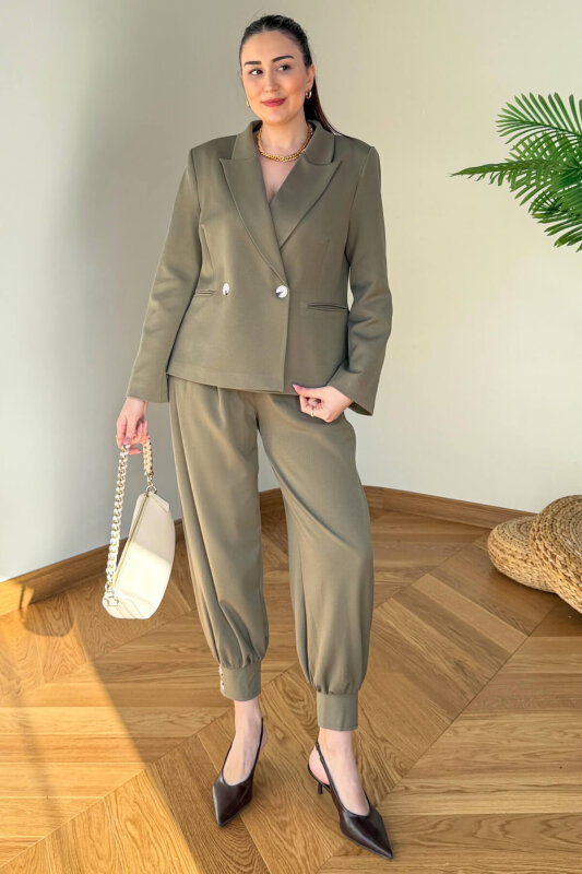 TKM-126705 Mint Kruvaze Ceket & Düğme Detaylı Şalvar Pantolon İkili Takım - 1