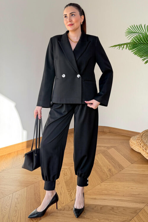 TKM-126705 Siyah Kruvaze Ceket & Düğme Detaylı Şalvar Pantolon İkili Takım - 1