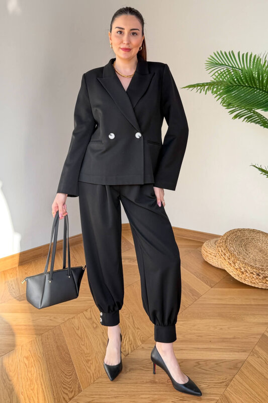 TKM-126705 Siyah Kruvaze Ceket & Düğme Detaylı Şalvar Pantolon İkili Takım - 3