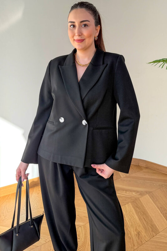 TKM-126705 Siyah Kruvaze Ceket & Düğme Detaylı Şalvar Pantolon İkili Takım - 2