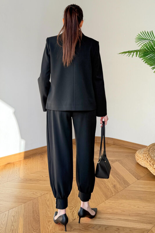 TKM-126705 Siyah Kruvaze Ceket & Düğme Detaylı Şalvar Pantolon İkili Takım - 4