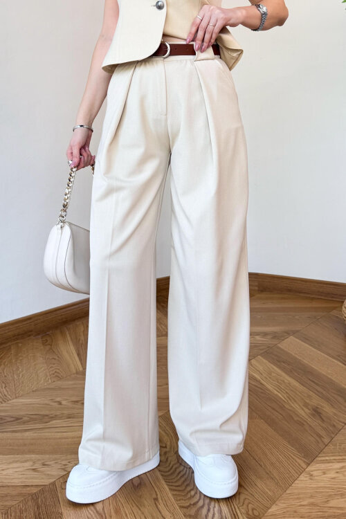 TKM-126707 Bej Sıfır Kol Düğmeli Yelek & Kemerli Palazzo Pantolon Takım - 3