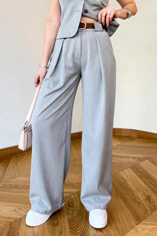 TKM-126707 Gri Sıfır Kol Düğmeli Yelek & Kemerli Palazzo Pantolon Takım - 3