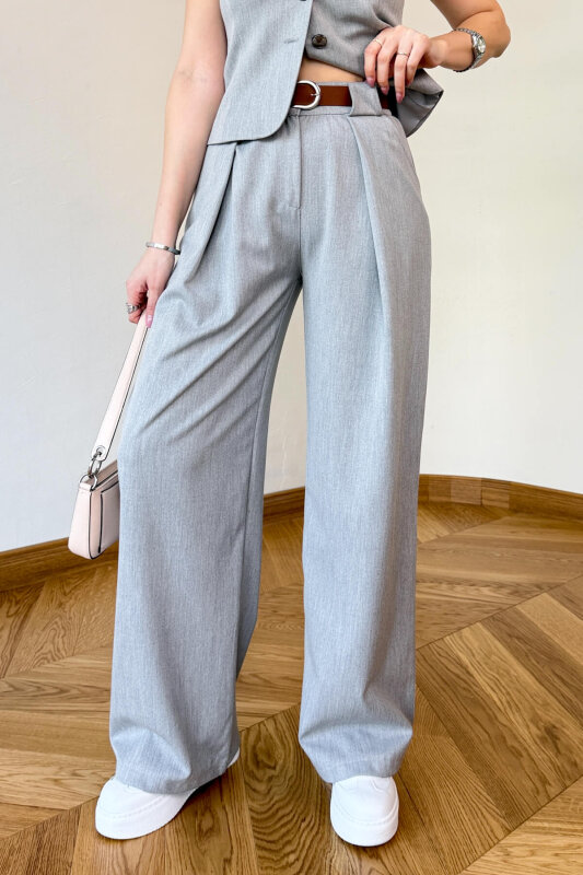 TKM-126707 Gri Sıfır Kol Düğmeli Yelek & Kemerli Palazzo Pantolon Takım - 3