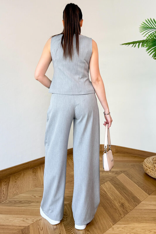 TKM-126707 Gri Sıfır Kol Düğmeli Yelek & Kemerli Palazzo Pantolon Takım - 4