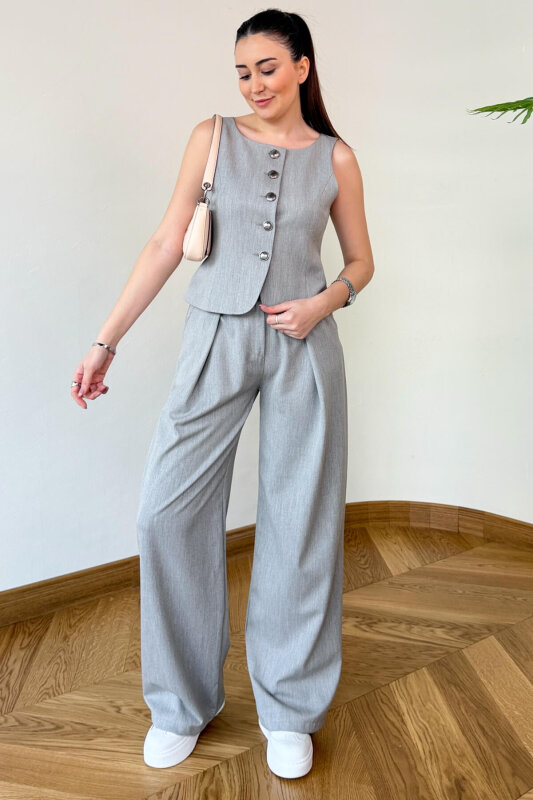 TKM-126707 Gri Sıfır Kol Düğmeli Yelek & Kemerli Palazzo Pantolon Takım - 1