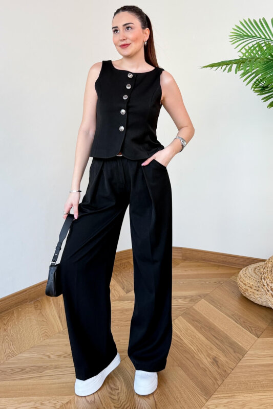 TKM-126707 Siyah Sıfır Kol Düğmeli Yelek & Kemerli Palazzo Pantolon Takım - 1