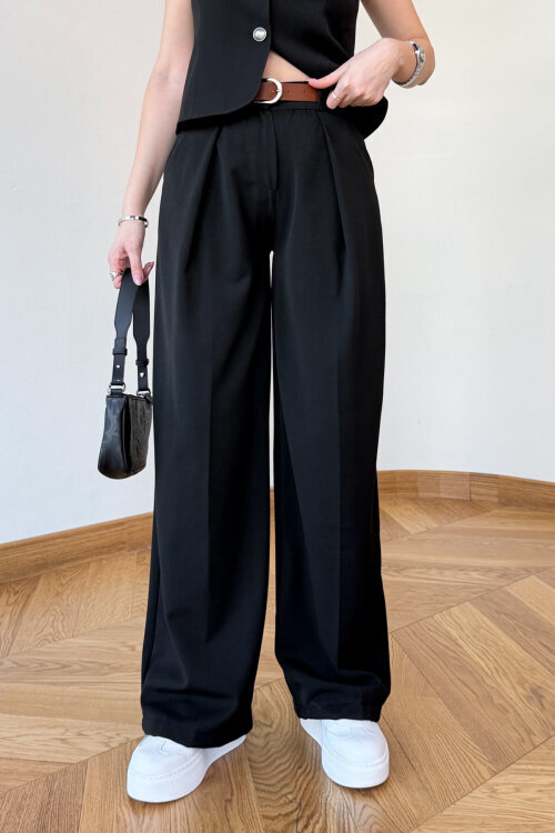 TKM-126707 Siyah Sıfır Kol Düğmeli Yelek & Kemerli Palazzo Pantolon Takım - 3