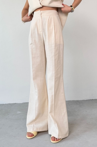 TKM-13257 Taş Rengi Kruvaze Yaka Vatkalı Yelek Arka Bel Lastikli Salaş Pantolon İkili Takım - 4