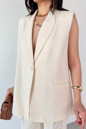 TKM-13257 Taş Rengi Kruvaze Yaka Vatkalı Yelek Arka Bel Lastikli Salaş Pantolon İkili Takım - 5