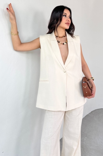 TKM-13257 Taş Rengi Kruvaze Yaka Vatkalı Yelek Arka Bel Lastikli Salaş Pantolon İkili Takım - 6