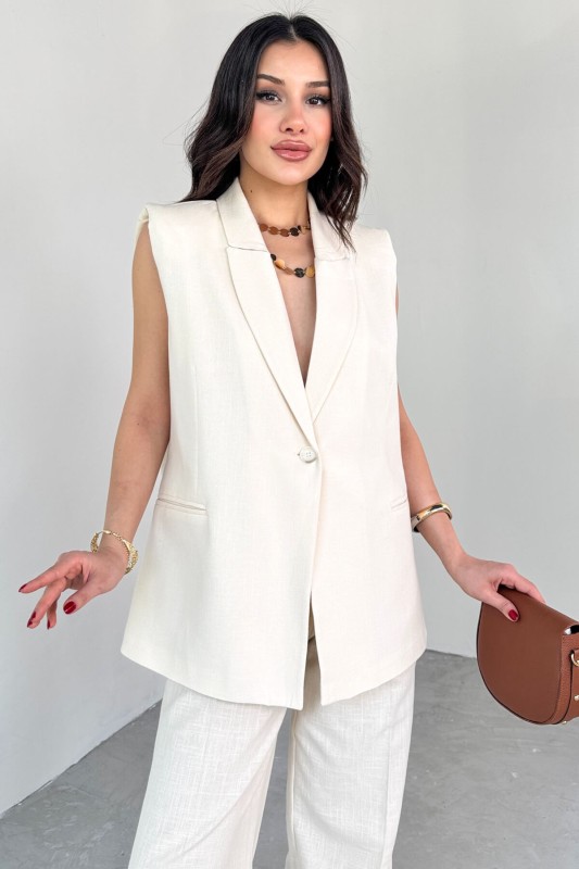 TKM-13257 Taş Rengi Kruvaze Yaka Vatkalı Yelek Arka Bel Lastikli Salaş Pantolon İkili Takım - 2