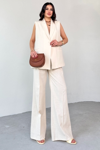 TKM-13257 Taş Rengi Kruvaze Yaka Vatkalı Yelek Arka Bel Lastikli Salaş Pantolon İkili Takım - 7