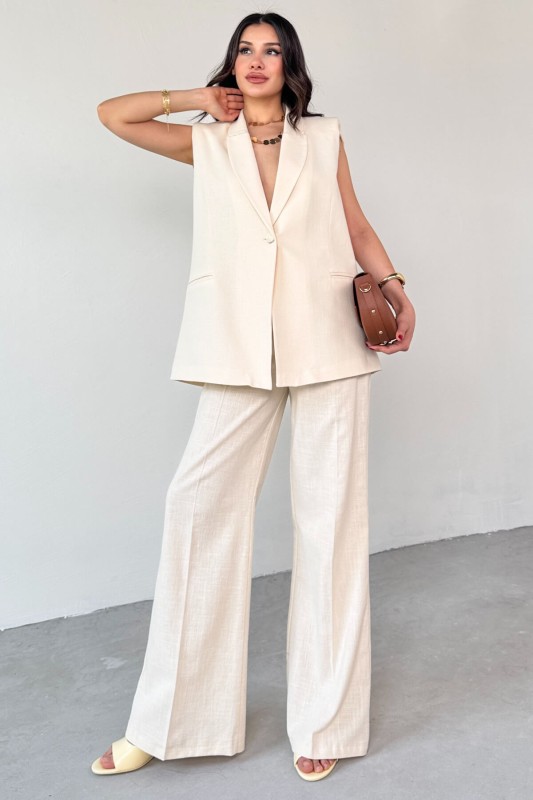 TKM-13257 Taş Rengi Kruvaze Yaka Vatkalı Yelek Arka Bel Lastikli Salaş Pantolon İkili Takım - 3