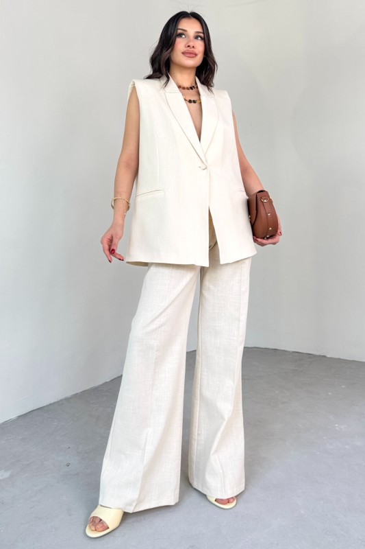 TKM-13257 Taş Rengi Kruvaze Yaka Vatkalı Yelek Arka Bel Lastikli Salaş Pantolon İkili Takım - 8