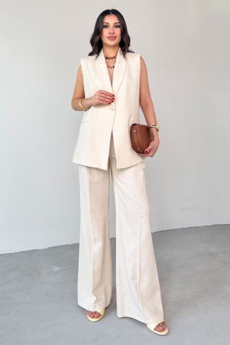 TKM-13257 Taş Rengi Kruvaze Yaka Vatkalı Yelek Arka Bel Lastikli Salaş Pantolon İkili Takım