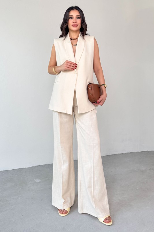 TKM-13257 Taş Rengi Kruvaze Yaka Vatkalı Yelek Arka Bel Lastikli Salaş Pantolon İkili Takım - 1