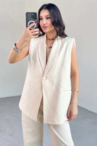 TKM-13257 Taş Rengi Kruvaze Yaka Vatkalı Yelek Arka Bel Lastikli Salaş Pantolon İkili Takım - 9