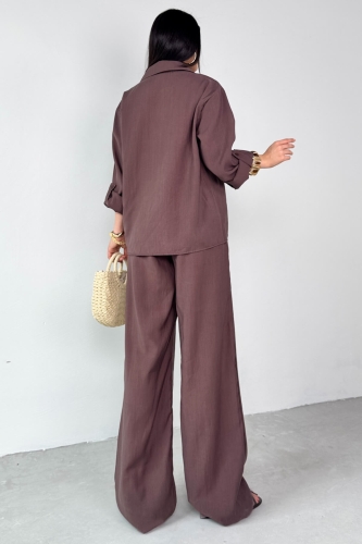 TKM-13271 Kahverengi Dokuma Kruvaze Yaka Gömlek Salaş Pantolon İkili Takım - 3