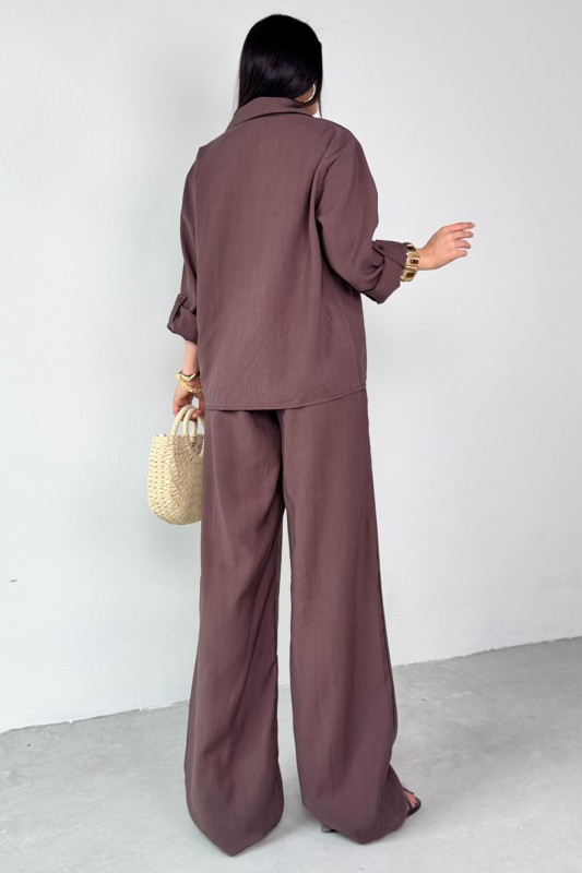 TKM-13271 Kahverengi Dokuma Kruvaze Yaka Gömlek Salaş Pantolon İkili Takım - 3