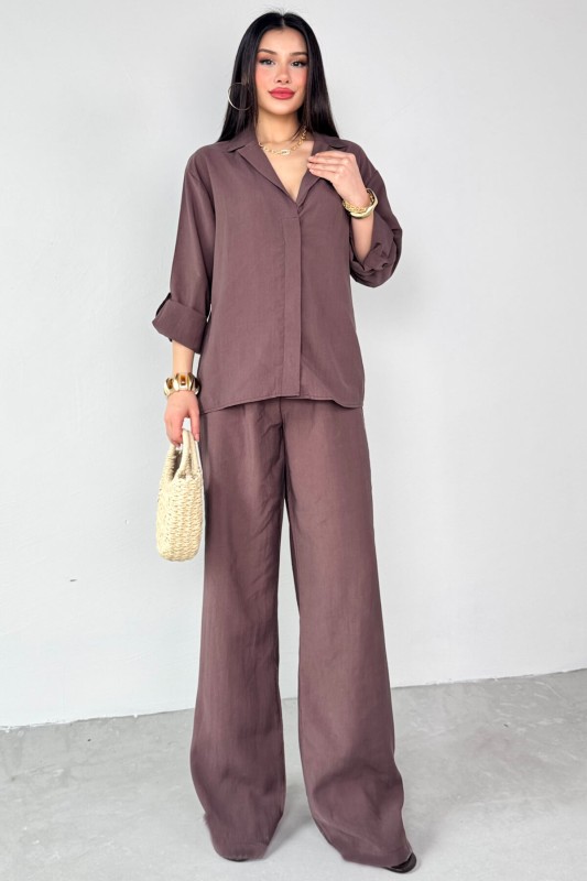 TKM-13271 Kahverengi Dokuma Kruvaze Yaka Gömlek Salaş Pantolon İkili Takım - 4