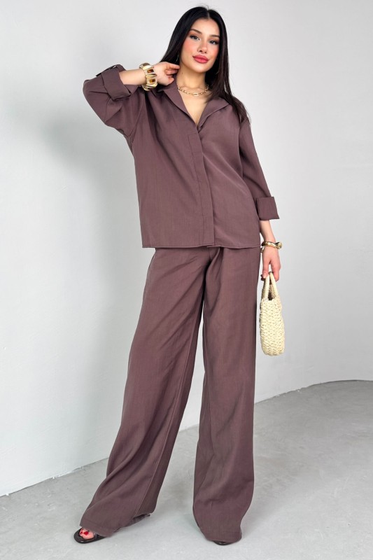 TKM-13271 Kahverengi Dokuma Kruvaze Yaka Gömlek Salaş Pantolon İkili Takım - 1