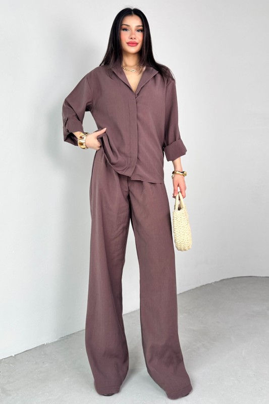 TKM-13271 Kahverengi Dokuma Kruvaze Yaka Gömlek Salaş Pantolon İkili Takım - 5