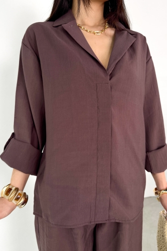 TKM-13271 Kahverengi Dokuma Kruvaze Yaka Gömlek Salaş Pantolon İkili Takım - 6