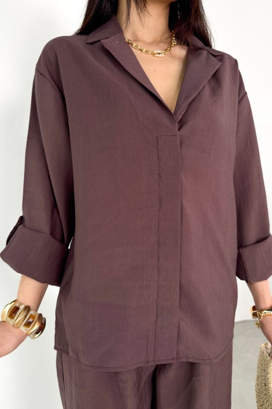 TKM-13271 Kahverengi Dokuma Kruvaze Yaka Gömlek Salaş Pantolon İkili Takım - 6