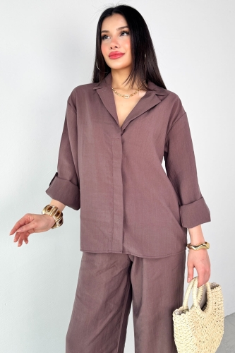TKM-13271 Kahverengi Dokuma Kruvaze Yaka Gömlek Salaş Pantolon İkili Takım (1)