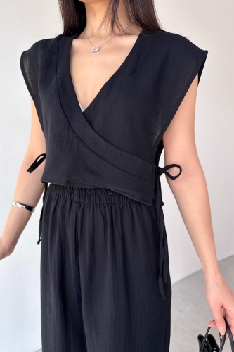 TKM-13273 Siyah Yandan Bağlamalı Kruvaze Yaka Bluz Yırtmaçlı Pantolon İkili Takım - 3