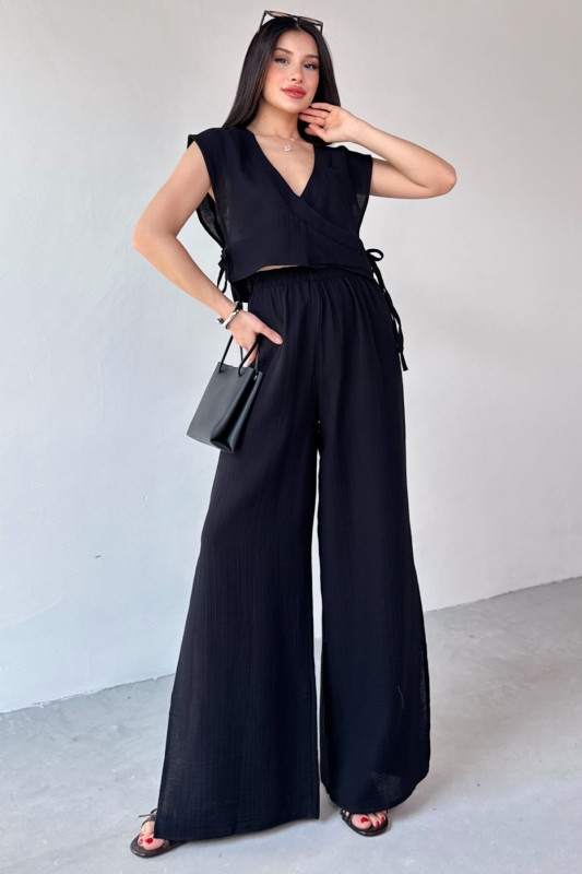 TKM-13273 Siyah Yandan Bağlamalı Kruvaze Yaka Bluz Yırtmaçlı Pantolon İkili Takım - 4