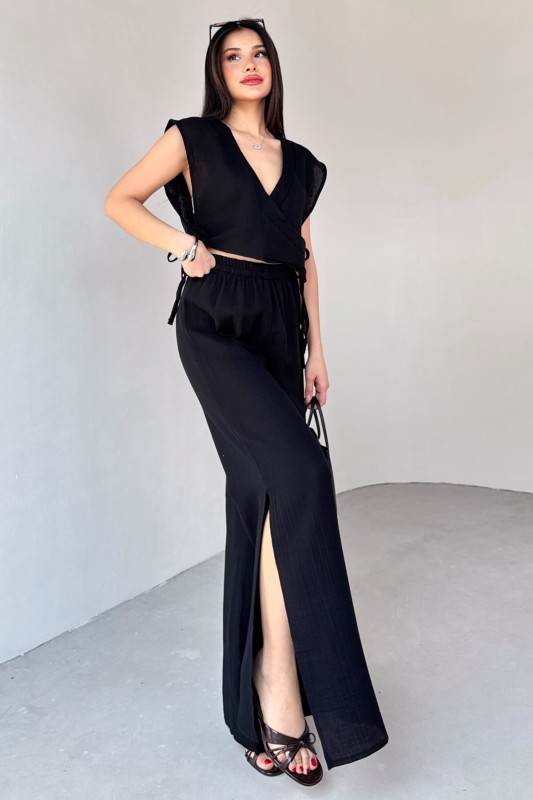 TKM-13273 Siyah Yandan Bağlamalı Kruvaze Yaka Bluz Yırtmaçlı Pantolon İkili Takım - 2