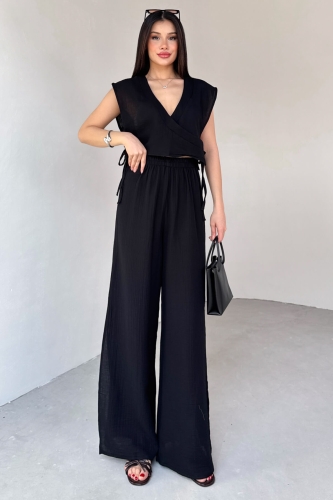 TKM-13273 Siyah Yandan Bağlamalı Kruvaze Yaka Bluz Yırtmaçlı Pantolon İkili Takım - 1