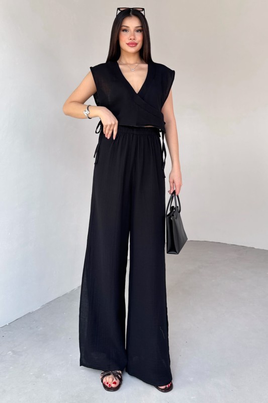 TKM-13273 Siyah Yandan Bağlamalı Kruvaze Yaka Bluz Yırtmaçlı Pantolon İkili Takım - 1