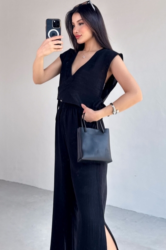 TKM-13273 Siyah Yandan Bağlamalı Kruvaze Yaka Bluz Yırtmaçlı Pantolon İkili Takım - 5