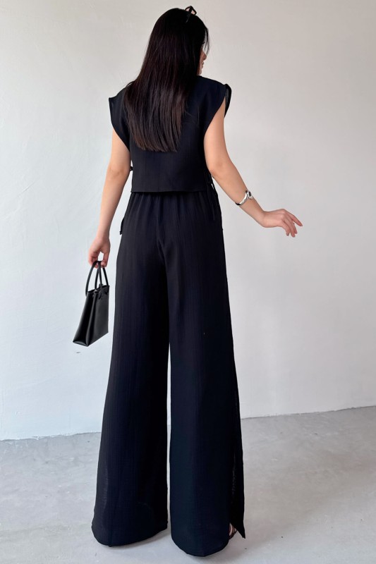 TKM-13273 Siyah Yandan Bağlamalı Kruvaze Yaka Bluz Yırtmaçlı Pantolon İkili Takım - 6