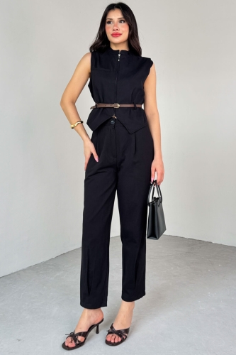 TKM-13282 Siyah Fermuarlı Kemerli Yelek Pensli Pantolon İkili Takım - Cappmoda