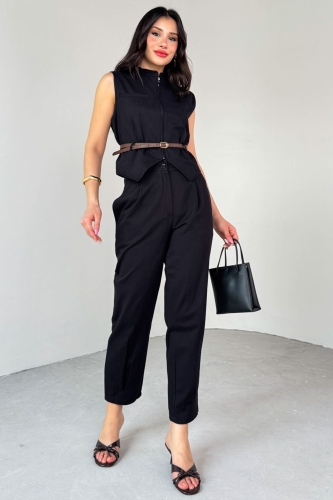 TKM-13282 Siyah Fermuarlı Kemerli Yelek Pensli Pantolon İkili Takım - 3