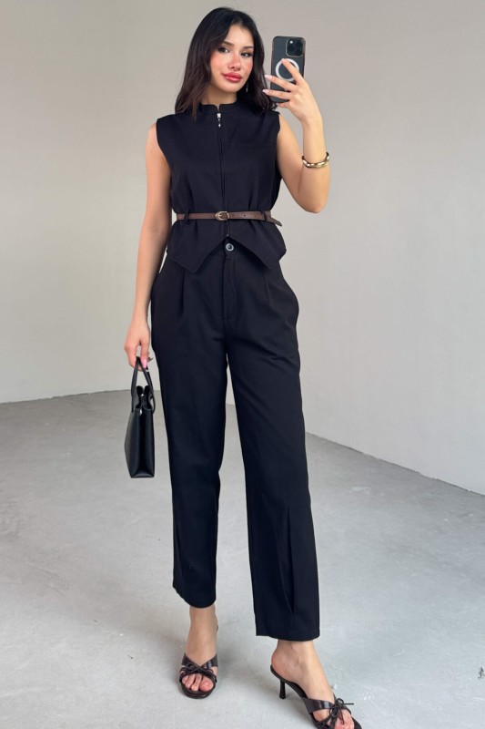 TKM-13282 Siyah Fermuarlı Kemerli Yelek Pensli Pantolon İkili Takım - 5