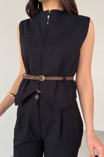 TKM-13282 Siyah Fermuarlı Kemerli Yelek Pensli Pantolon İkili Takım - 6