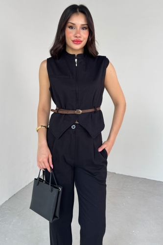 TKM-13282 Siyah Fermuarlı Kemerli Yelek Pensli Pantolon İkili Takım - Cappmoda (1)