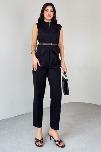TKM-13282 Siyah Fermuarlı Kemerli Yelek Pensli Pantolon İkili Takım - 7