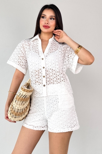 TKM-13287 Beyaz Güpürlü Gömlek Şort İkili Takım - 3